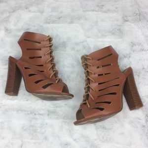 Fashion Cognac Lace Up Chunky Heels